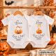 Bodys de bebé Halloween personalizados con nombre, de algodón blanco y manga corta, con diseños de conejito y jirafa sobre calabazas, colección Baby Halloween de Rotulaydecora.