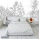 Imagen de dormitorio en tonos neutros con vinilo selva vintage en colores blancos y grises para realzar la decoración.