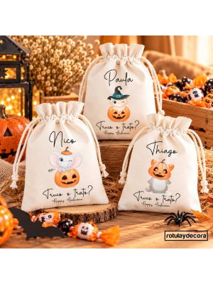 Bolsas de Halloween personalizadas para chuches con nombre, diseños infantiles de elefante, gatito y calabaza. Bolsitas de algodón reutilizables para truco o trato, ideales para niños.
